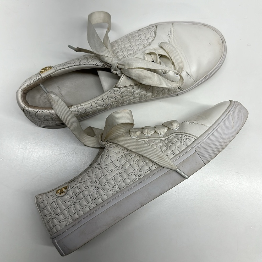 Tory Burch Marion Sneakers Quilted Leather Lace Up Shoes White Women's Size 9.5